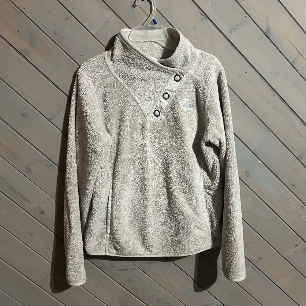 The North Face Womens Sherpa Fleece Pullover Snap Button Mock Neck Beige M